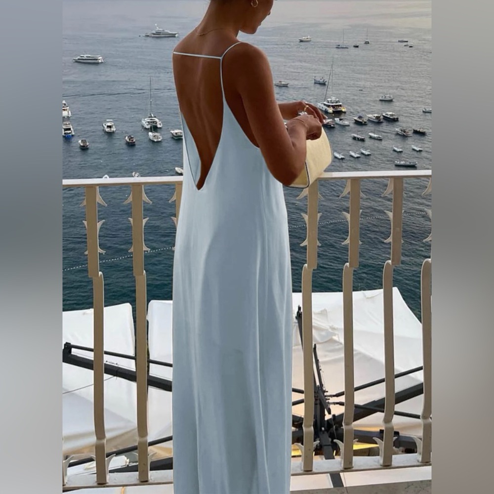 Commense backless vacation satin long dress in light blue size xs